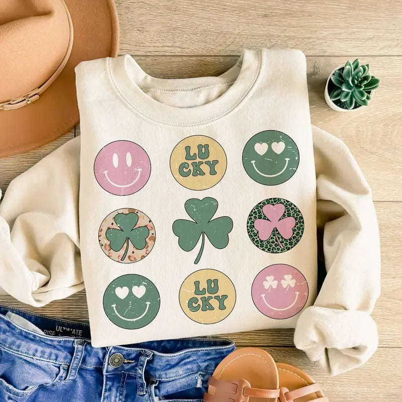 Retro St. Patrick's Day 2025 Sweatshirt, Clover Sweatshirt, Hearts Retro Groovy Sweater, Shenanigans Sweatshirt, Four...