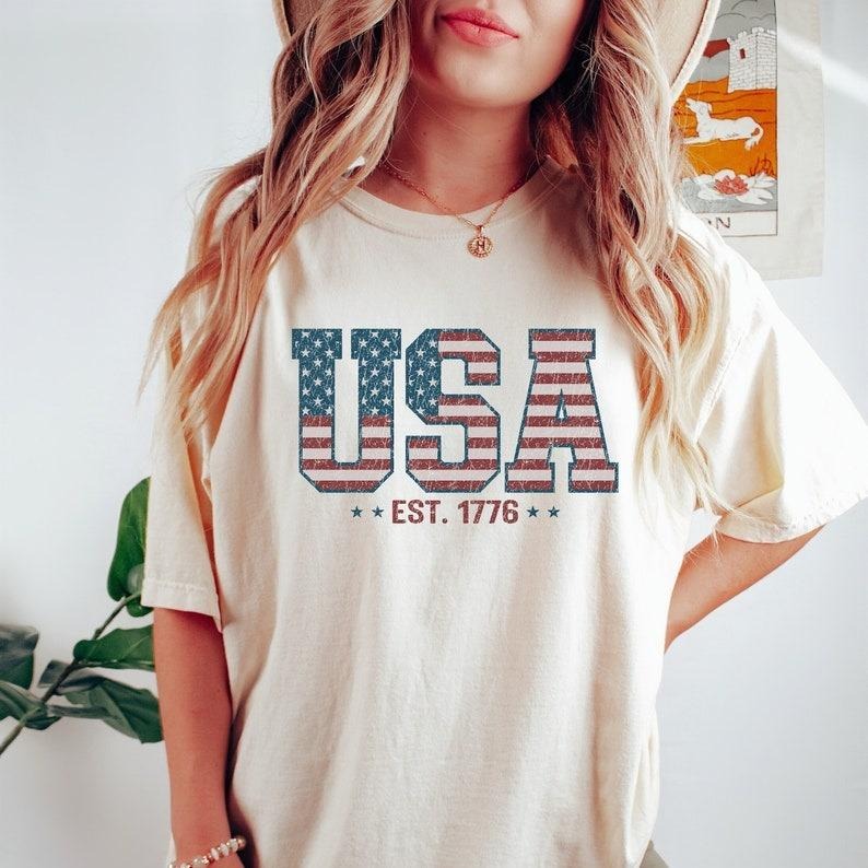 Retro USA Est 1776 Tshirt, America 4th of July T-Shirt, USA Flag Shirt, Stars and Stripes Tee, American Women Shirt...
