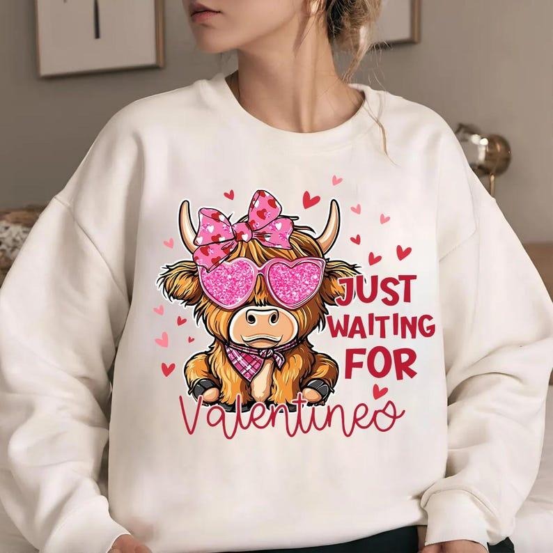 Retro Valentine Highland Cow | Western Love Heart Crewneck | Coquette Sweatshirt Shirt Hoodie | PrintMintTees.com