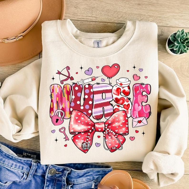 Retro Valentine Nurse Coquette Bow Sweatshirt , Cupids Favorite Nurse , Nurse Valentines , Valentines Day Shirt Hoodie