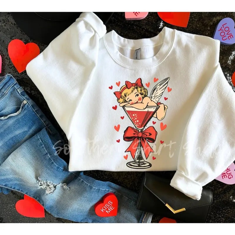 Retro Valentines Day Martini Cupid Sweatshirt White Sweatshirt Shirt Hoodie | PrintMintTees.com