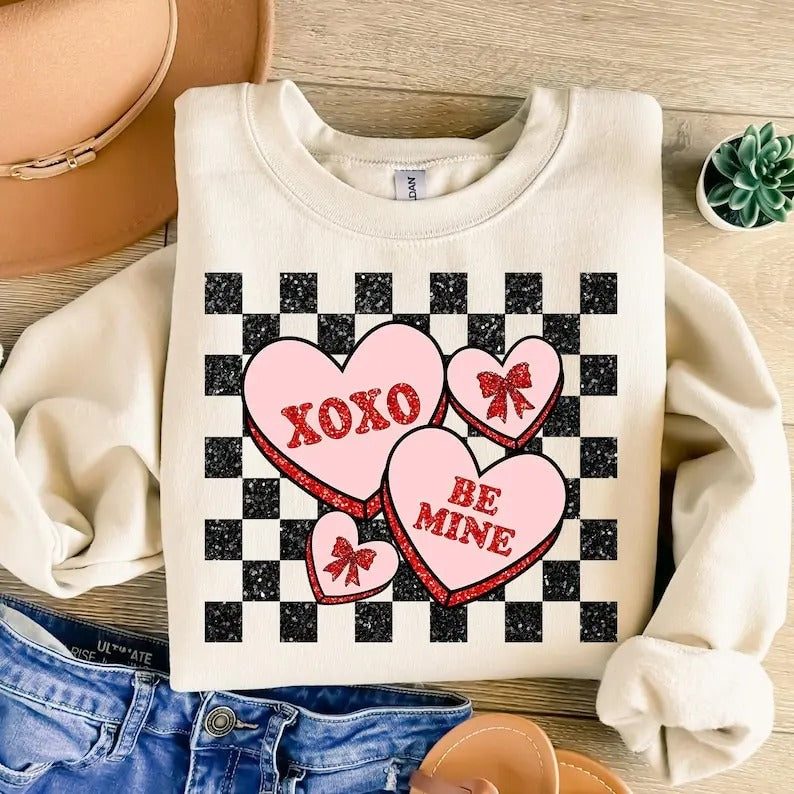 Retro Valentines Sweatshirt Heart Candy , Valentines Coquette , Checkered Valentines, Love , XOXO Shirt Hoodie