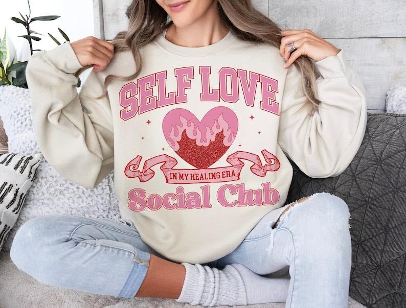Retro Valentines Sweatshirt Valentines Day , Self Love Club, Trendy , Love , Heart Candy , Shirt Hoodie | PrintMintTees.com