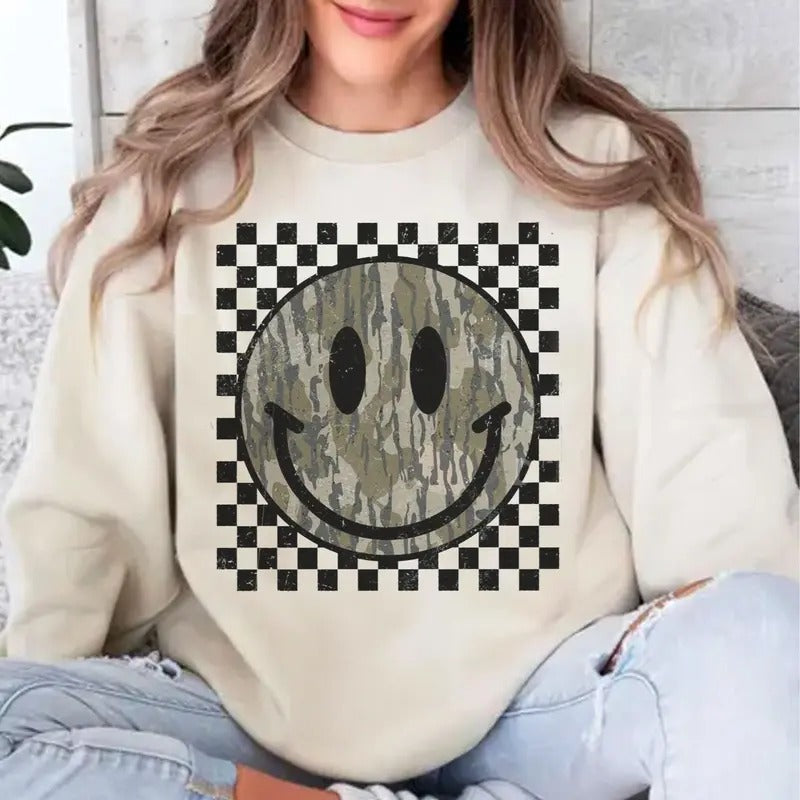 Retro Vintage Camo Bow Smile Hunting Sweatshirt, Coquette Bow Camo Design Shirt Hoodie | PrintMintTees.com