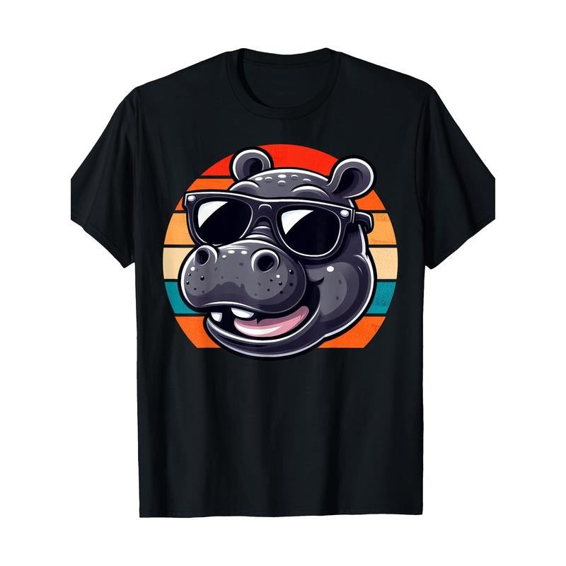 Retro Vintage Hippo Hippopotamus Sunglass T-Shirt-Comfortable, Crew Neck, Casual, Print, Fashion, 220g, 100%cotton made...