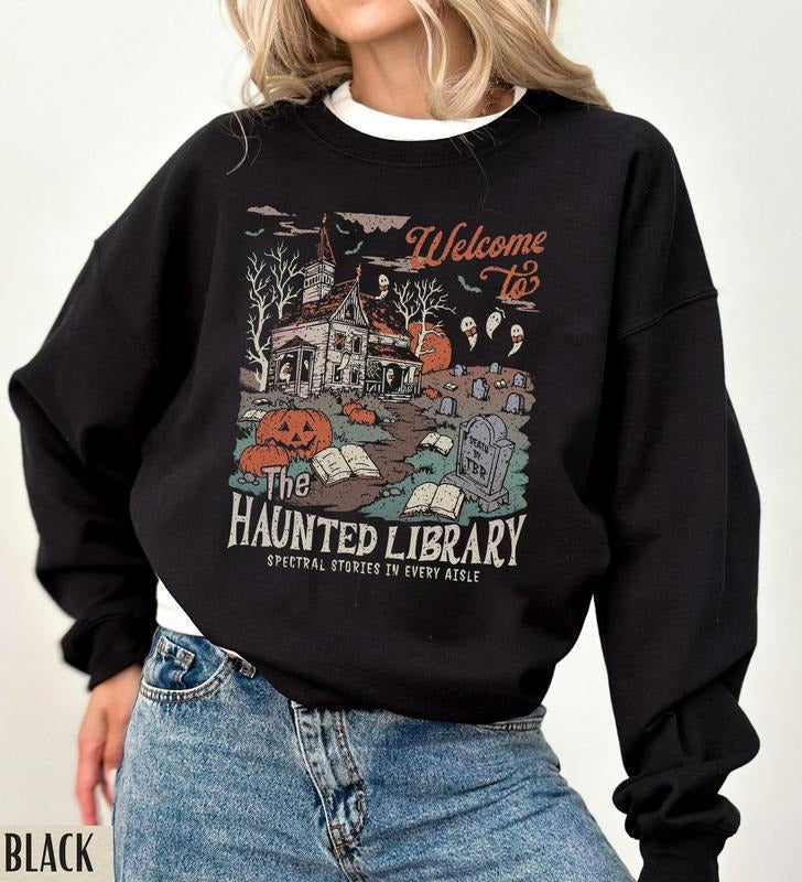 Retro Welcome To The Haunted Library Sweatshirt, Book Lovers Halloween, Reading Ghost, Funny Halloween Librarian Graphic...