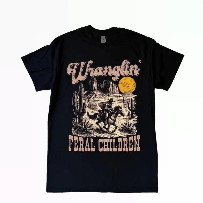 Retro Wranglin' Feral Children Raccoon 90s Western Graphic Tshirt, Vintage Western Raccoon Dessert Tee, Teenager Gift,...