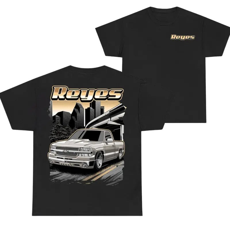 Reyes Yellow Car Summer T-shirt, Graphic Truck Tee, Stylish Car Merch for Automotive Enthusiasts Hoodie Sweatshirt