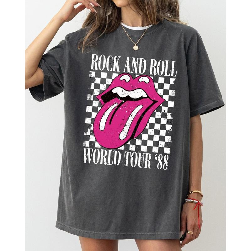 Rock And Roll World Tour, Lips and Tongue, Checkered, 80s Rock, Retro, Classic Rock Tshirt, Women's Comfort Color Tee,...