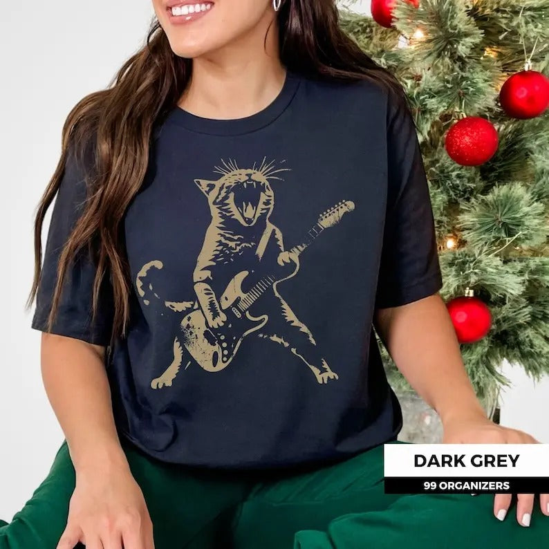 Rock Cat Playing Guitar Shirt, Funny Guitar Cat Tee for Cat Lovers, Gift for Her, Cool Cat Sweatshirt Hoodie