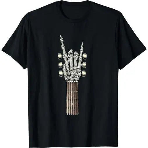 Rock On Guitar Neck Skeleton Hand Sign Rock & Roll Band Tees T-Shirt Made in USA Graphic Hoodie Sweatshirt