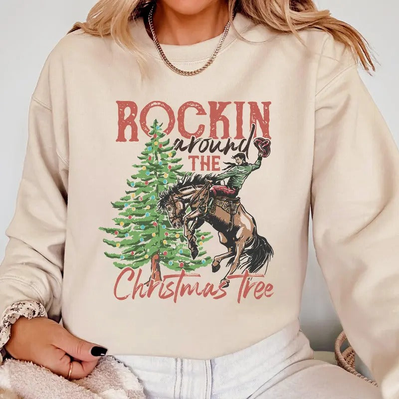 Rockin Around The Christmas Tree, Cowboy, Country, Western, Santa, Xmas Sweatshirt, Women's Crew Neck, Crewneck T-Shirts,...