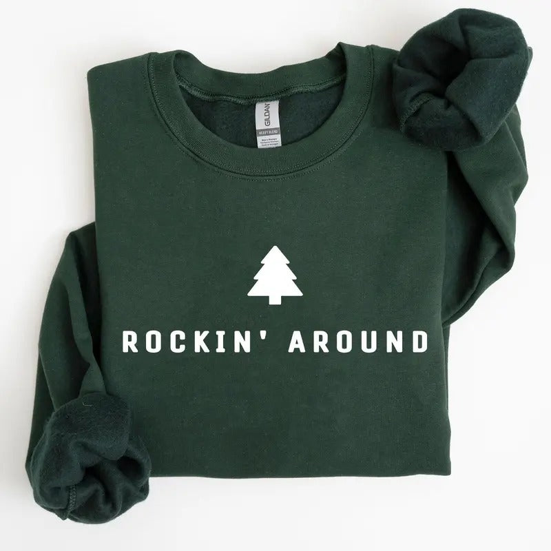 Rockin Around, Minimalist, Christmas, Winter, Santa, Xmas Sweatshirt, Women's Crew Neck, Crewneck Shirt Hoodie