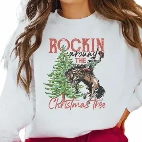 Rocking Around The Christmas Tree Sweatshirt, Retro Christmas Western Cowboy Sweatshirt Cotton Outfit Shirt Hoodie