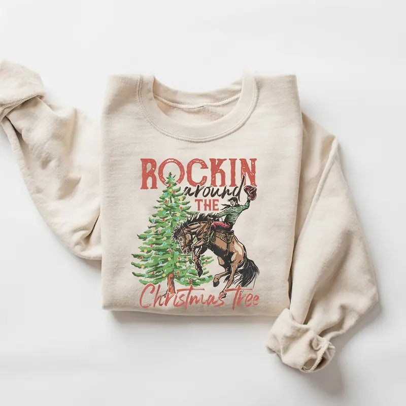 Rocking Around The Christmas Tree Sweatshirt, Vintage Country Christmas Sweatshirt, Retro Christmas Western Shirt,...