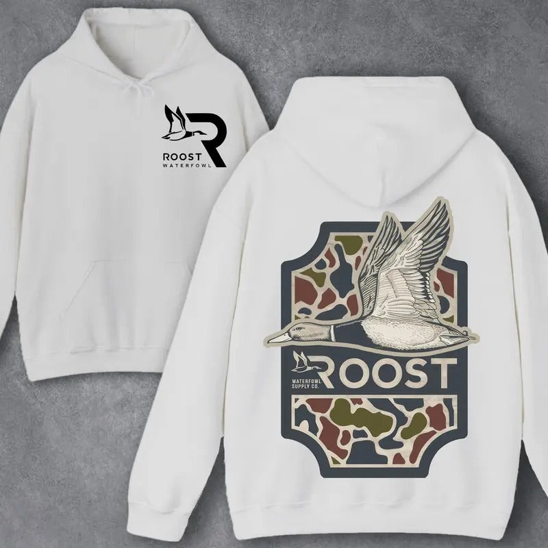 Roost Waterfowl Duck Hunting Camo Bottomland 2 Sided Unisex Hoodie - Sweater - T-shirt Sweatshirt | PrintMintTees.com