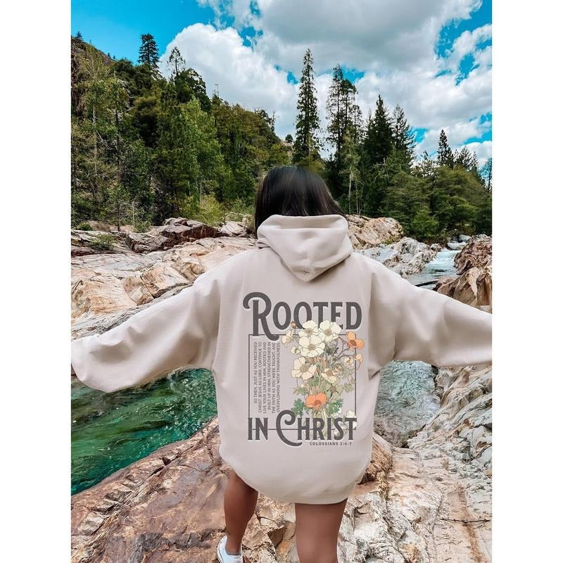 Rooted In Christ Hoodie Christian Sweatshirt Spiritual Sweatshirt Faith Based Shirt Cotton Sweaters | PrintMintTees.com
