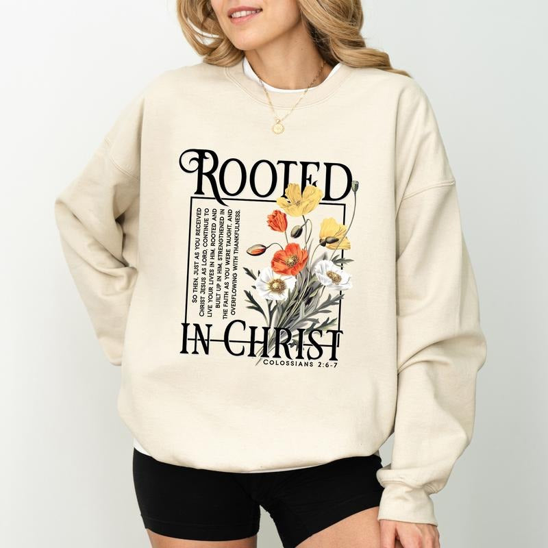 Rooted Christ Floral Christian Religious Cute Christian Christian Bible Verse Long Sleeve Womenswear T-Shirts, Hoodie, Sweatshirt