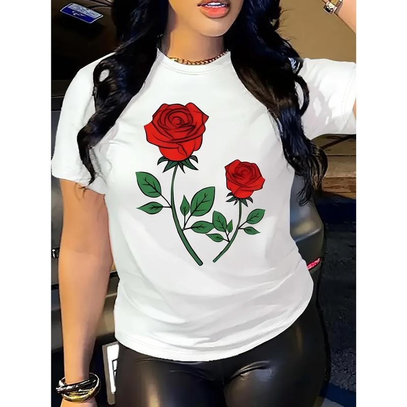 Rose Flower Pattern Printed Women's T-shirt - Summer Women's Fashionable Casual Sports Fitness Breathable, Comfortable...