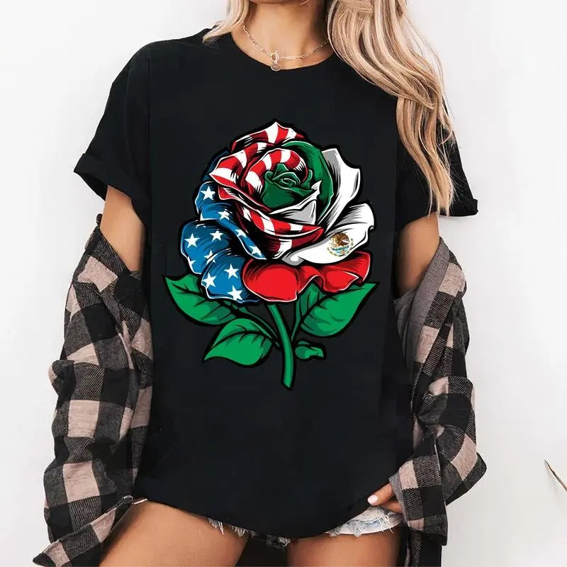 Rose Mexico USA Flag Shirt, Mexican American Shirt, Mexico Independence T-Shirt style 02 Hoodie Sweatshirt