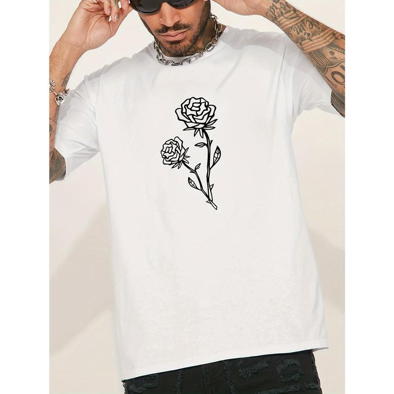 Rose Print Men's Round Neck Short Sleeve Tee Fashion Regular Fit T-Shirt Top For Spring Summer Holiday Made in USA Hoodie...