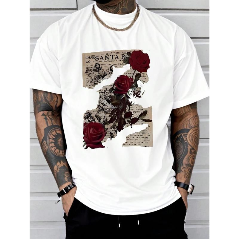 Rose Print Soft & Comfortable Tee Shirt - Men's Casual Short Sleeve T-Shirts for Summer
