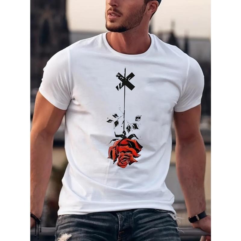 Rose pattern printed T-shirt men's casual style summer and autumn slightly elastic round neck T-shirt Made in USA Hoodie...