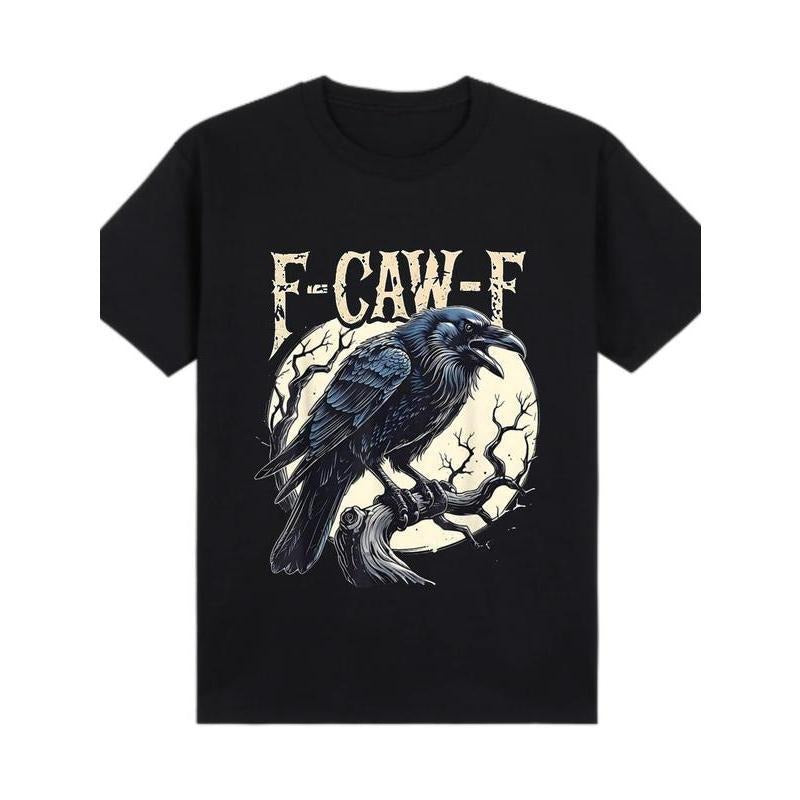 Round Neck Black T-Shirt with Crow Graphic and F-CAW-F Text, Perfect for Casual Wear | Summer, personalized short sleeve...