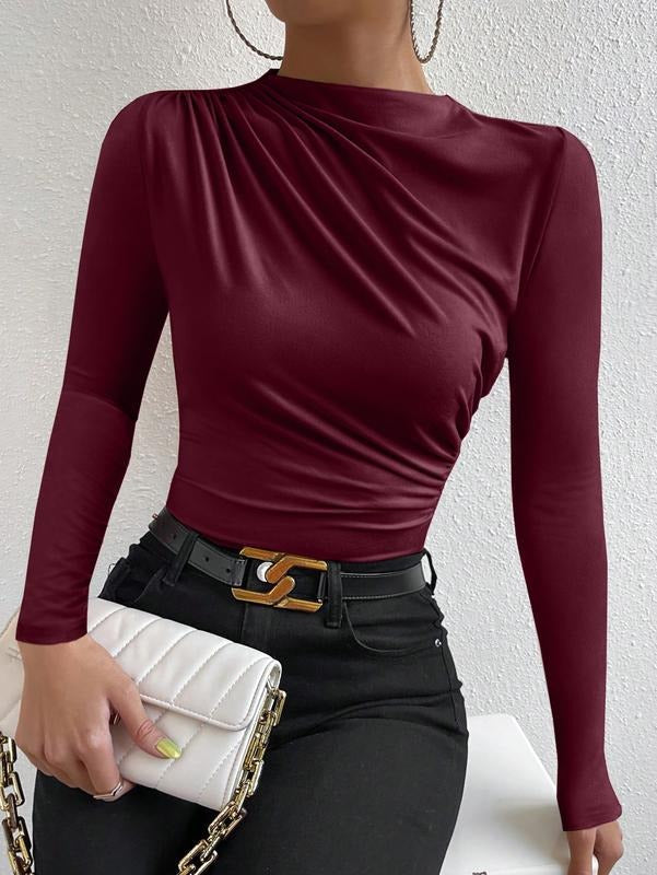 Ruched Long Sleeve T-Shirts Mock Neck Slim Fitted Tee Shirt Tops Hoodie, Sweatshirt | PrintMintTees.com