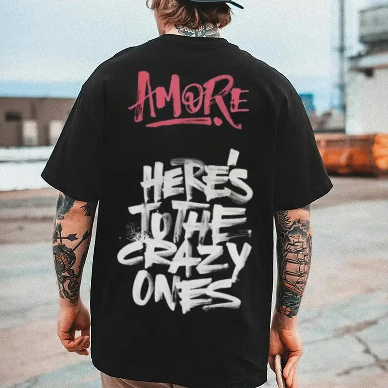 [S-5XL] Men's "HERE'S TO THE CRAZY ONES" Graphic Tee, Casual Cotton Motorcycle Shirt, Streetwear Fashion Hoodie Sweatshirt