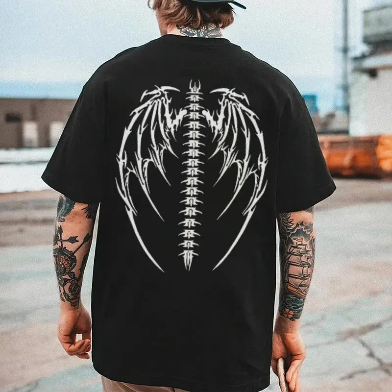 [S-5XL] Men's Vintage Winged Skeleton Graphic Tee, Retro Cotton Motorcycle Shirt, Streetwear Fashion Hoodie Sweatshirt