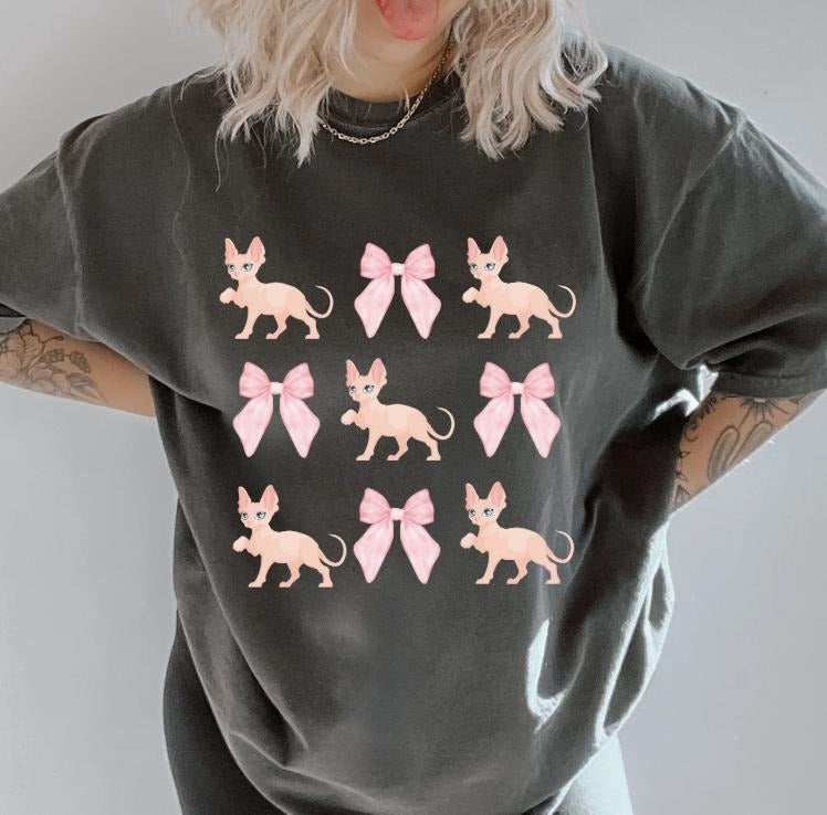 SPHYNX CAT with bows Shirt ~ Unisex Apparel Relaxed Fit Printed In The USA Clothing Womenswear Casual Comfort Cotton Top...