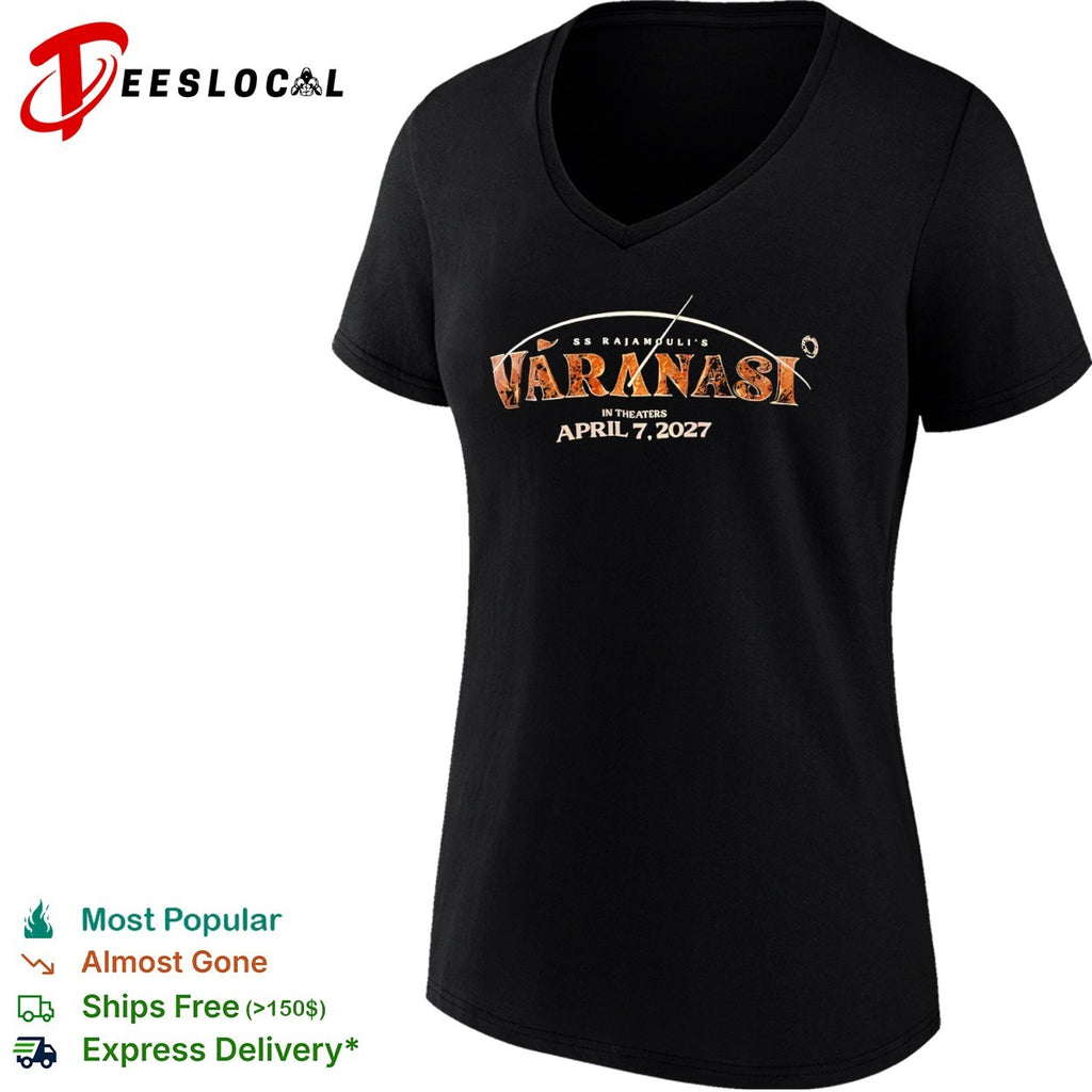 SS Rajamouli gold lettering Varanasi in theaters April 7 2027 shirt