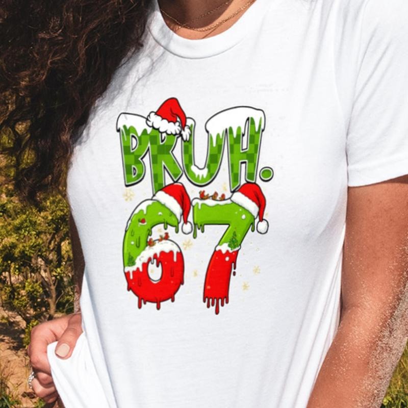[ Sale Up To 30%] BRUH 67 Christmas Funny Unisex Cotton T-Shirt, Santa ,Holiday Cheer Tee for Parties, Casual Wear, Cozy...