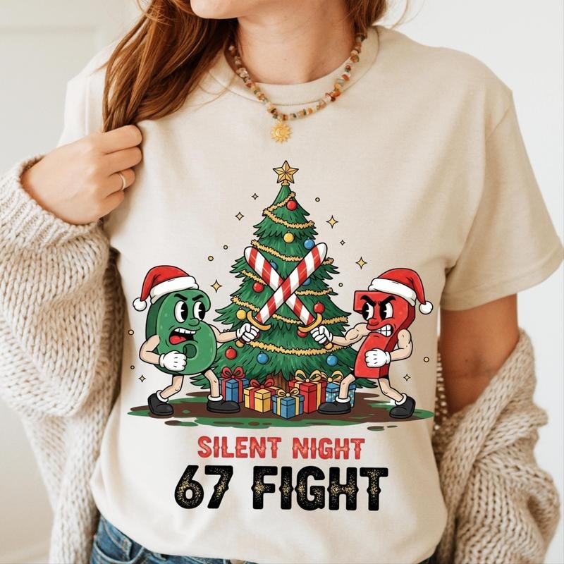 [ Sale Up To 30%] Silent Night 67 Fight T-shirt | Funny Christmas Meme ,6 7 Battle Candy Cane Fight | Holiday Shirt...