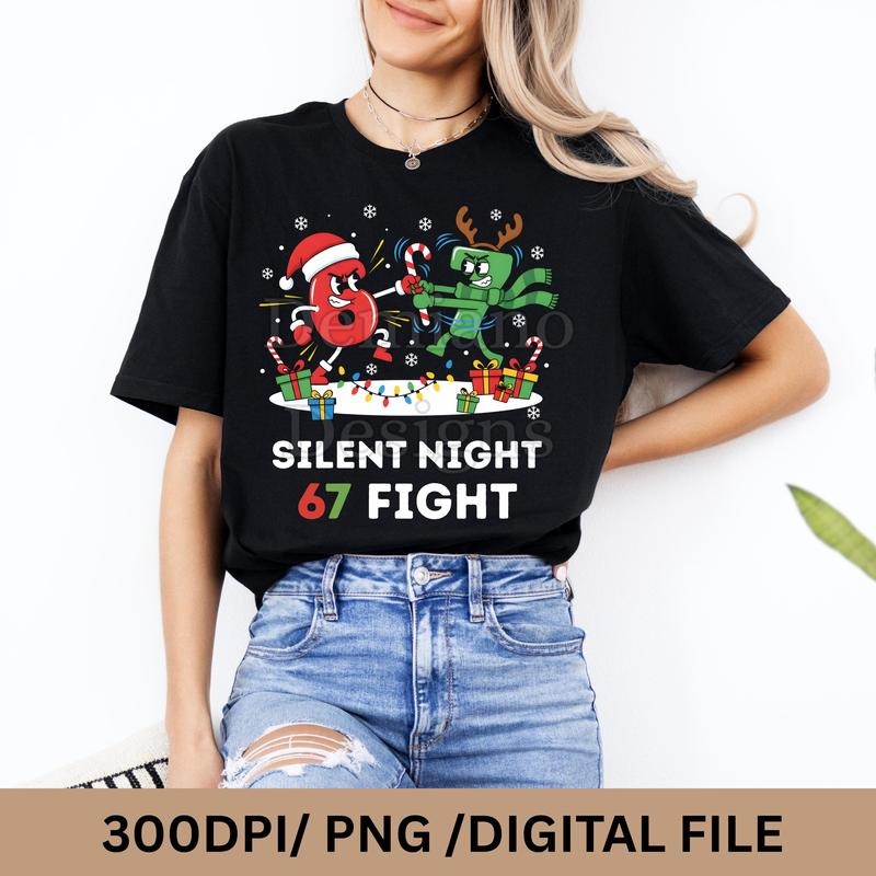 [ Sale Up To 30%] Silent Night 67 Fight T-shirt | Funny Christmas Six Seven Meme Quote | Holiday Viral Trend Humor Hoodie...