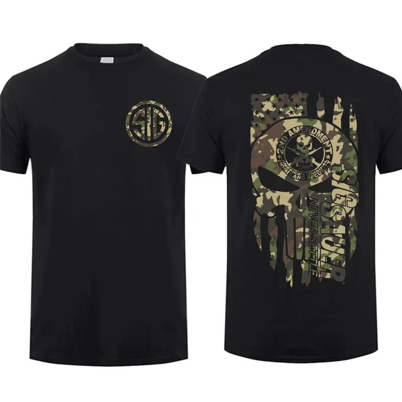 2025 Top Sig Sauer American Skull Flag With Camo T-shirt Unisex Short Sleeve Casual 100% Cotton Top Menswear Tactical...