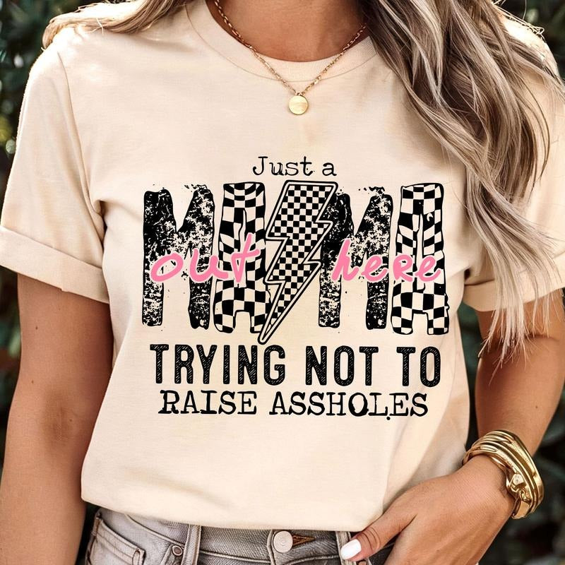 Sale Up To 70% - Just A Mom Out Here Funny Saying Shirt, Sassy Mama, Motherhood Sarcasm Mom Tee, Checkered Mama Shirt,...