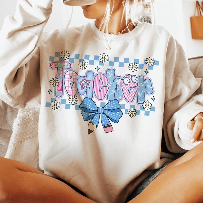 Coquette Teacher Sweatershirt, Preppy Floral Teacher Sweater, Cute Pastel Back to School Sweatershirt, Retro Girly...