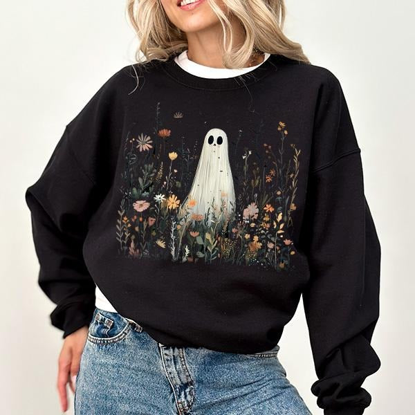 Cute Ghost in Wildflowers Sweatshirt, Spooky Fall Aesthetic Halloween Floral Sweater, Retro October Graphic Sweater, Cozy...
