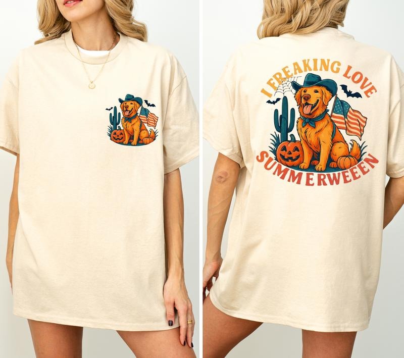 I Freaking Love Summerween Shirt, Golden Retriever Ghost Halloween T-Shirt, Vintage Dog USA Spooky Shirt, Patriotic Dog...