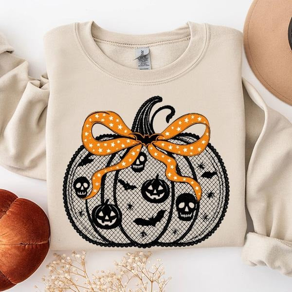 Pumpkin Bow Halloween Sweatshirt, Cute Spooky Pumpkin Graphic with Skulls and Bats, Cozy Soft Cotton Fall Pullover,...