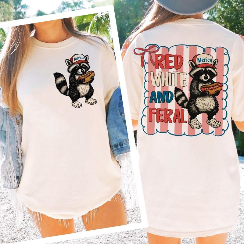Funny Raccon With Bow 4th of July Shirt, Red White and Feral Shirt, Independence Day, America Shirt, Funny USA Tee,...