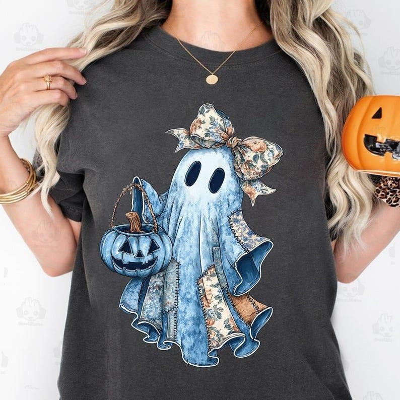 Comfort Colors Retro Halloween Blue Denim Ghost T-shirt, Fall Pumpkin Unisex Tee Hoodie Sweatshirt | PrintMintTees.com