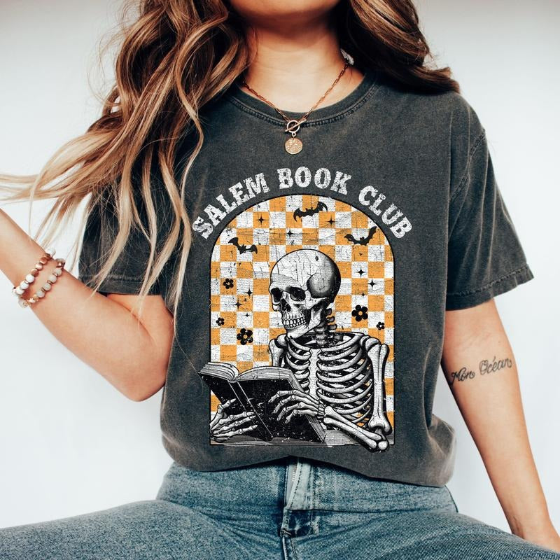 Salem Book Club Skeleton, Checkered, Retro, Aesthetic, Vintage, Comfort Colors Tshirt, Women's Crew Neck, Crewneck...