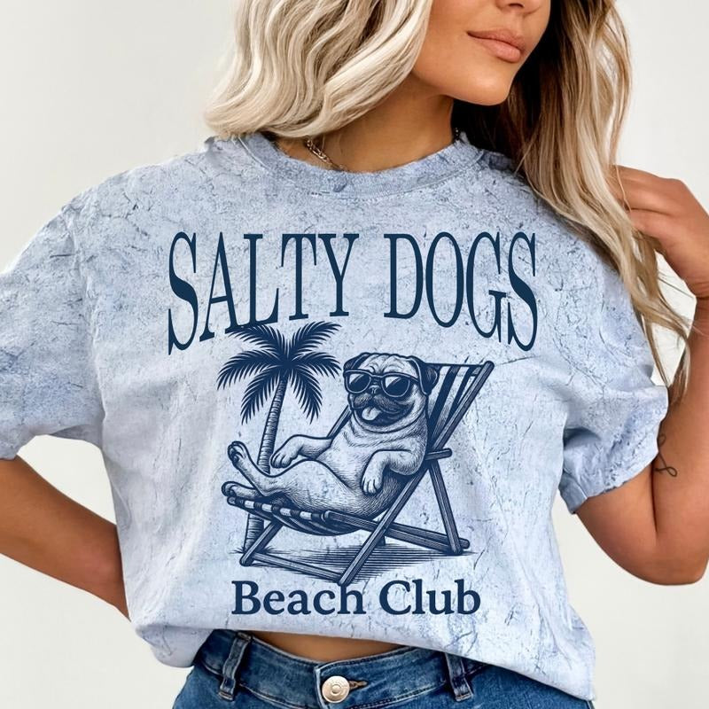 Salty Dogs Beach Club Pug Shirt ~ Unisex Apparel Relaxed Fit Printed In The USA Clothing Womenswear Casual Comfort Cotton...