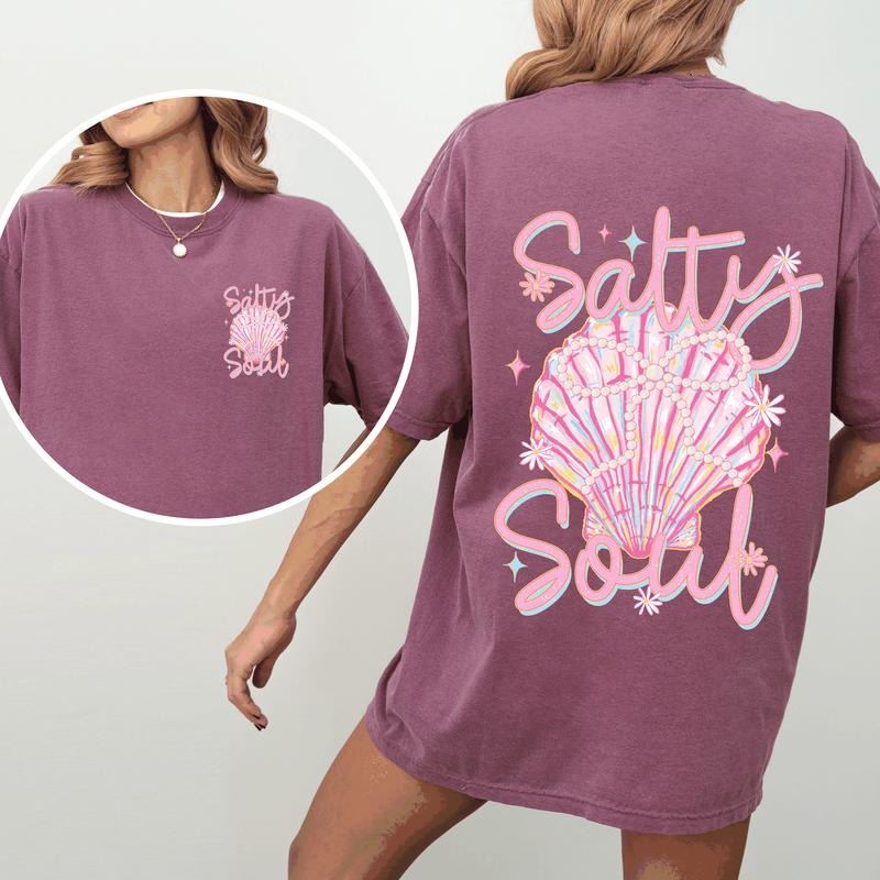 Salty Soul Beach Pearls Summer Seashell Stay Salty Front Back Comfort Colors Comfort Colors T-Shirts, Hoodie, Sweatshirt