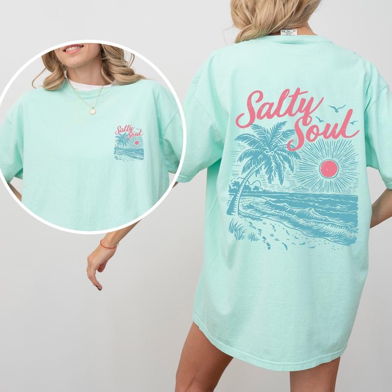 Salty Soul, Beach, Sunset, Palm Trees, Summer, Front and Back, Comfort Colors T-Shirt, Women's Comfort Colors Tee Hoodie,...
