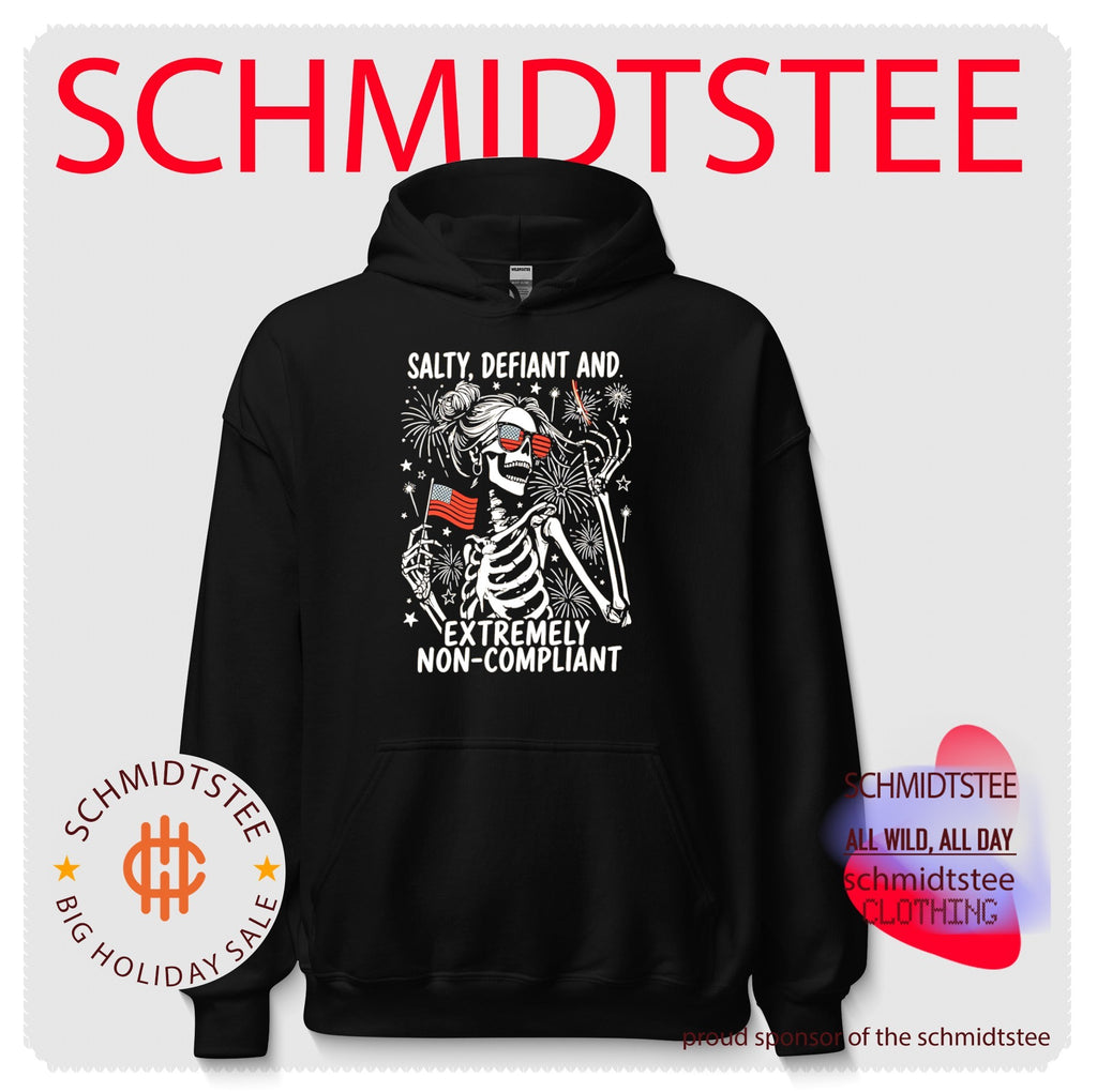 Salty defiant and extremely non-compliant skeleton holding USA flag shirt