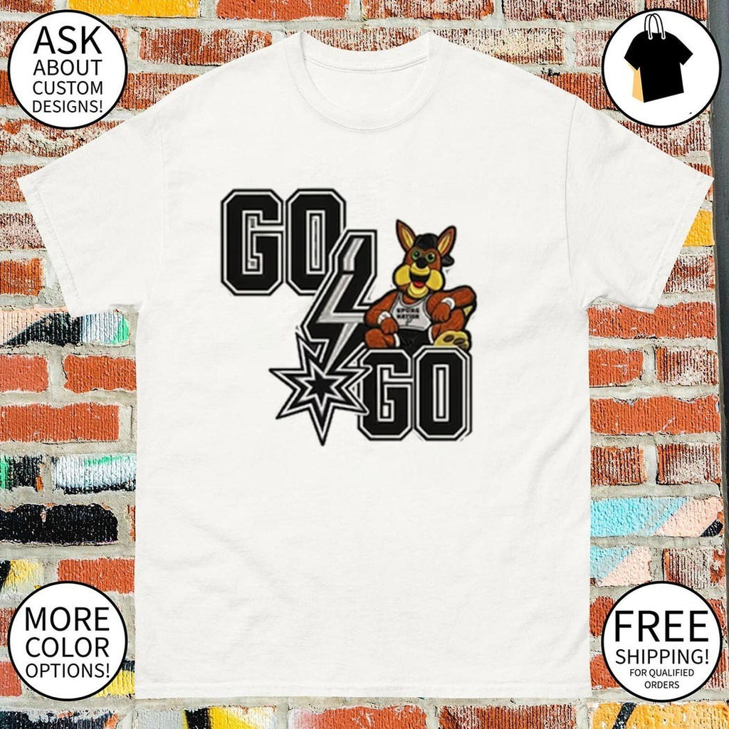 San Antonio Spurs coyote mascot go go text for a fan shirt